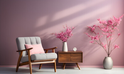 Salón minimalista con lampara, mesilla y sillón.