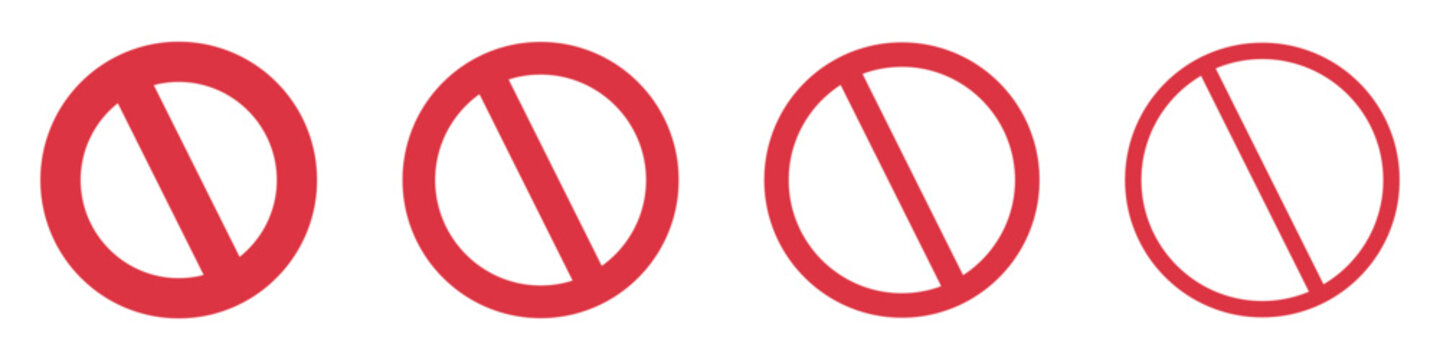 Set of round prohibition signs. Empty no, crossed out red circle symbol. Not allowed, forbidden sign, stop icon, slash. Vector.