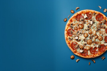 Warm mushroom pizza on a blue background, seasonal food. AI Generative