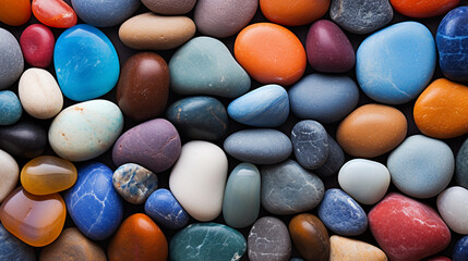 Background image of smooth multi-colored pebbles, top view.