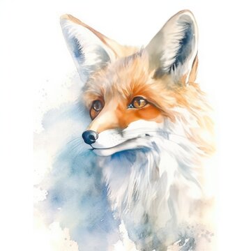Watercolor portrait of a red fox. Digital painting on white background.