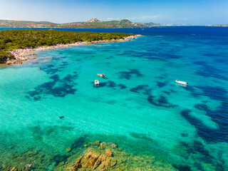 Le Piscine Beach, Cannigione, north coast of Sardinia, Italy, aerial view