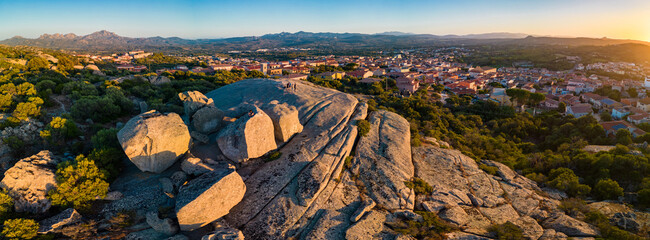 Nature, rocks and the town of Arzachena, Sardinia, drone views