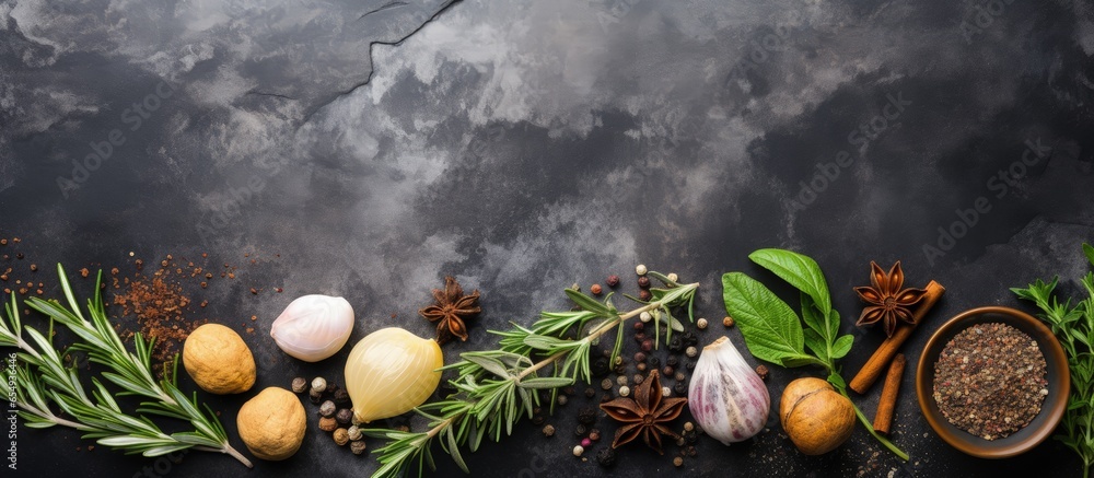 Poster cooking with herbs and spices including basil rosemary pepper and salt on a stone table seen from ab