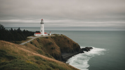 Fototapeta na wymiar View of lighthouse tower with beacon of light.