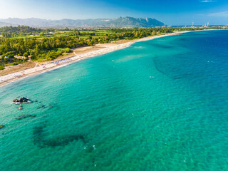 Aerial drone panoramic view of beach of Orrì, Tortolì, Sardinia, Italy