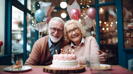 Old couple celebrating birthday or anniversary with cake