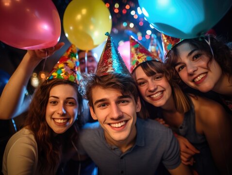 A group of young people posing for a picture with balloons. Selfie. Generative AI.