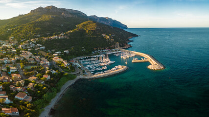Aerial drone view of the Santa Maria Navarrese beach. Sardinia, Italy