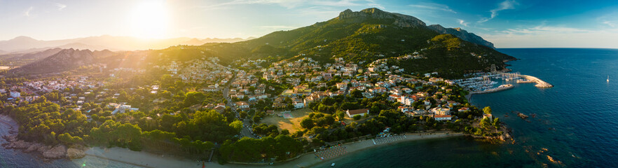 Aerial drone view of the Santa Maria Navarrese beach. Sardinia, Italy