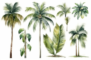 Fototapeta na wymiar Watercolor Tropical Palm Trees Illustration on White Background