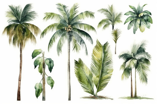 Watercolor Tropical Palm Trees Illustration on White Background © Hex