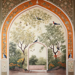 Traditional Mughal Garden Illustration