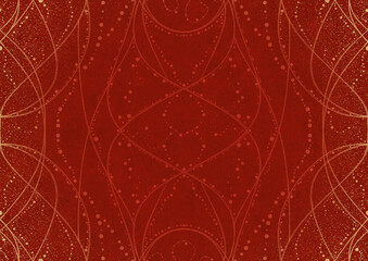 Hand-drawn unique abstract ornament. Light red on a bright red background, with vignette of same pattern and splatters in golden glitter. Paper texture. Digital artwork, A4. (pattern: p10-2a)