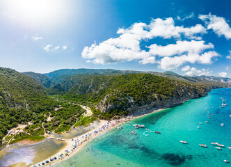 Drone view of the vibrant Cala Luna Beach on Sardinia island, Italy