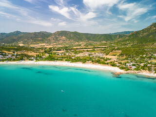 Aerial drone of Foxi Manna beach in Tertenia. Sardinia, Italy