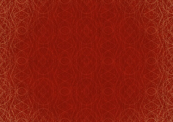 Hand-drawn unique abstract ornament. Light red on a bright red background, with vignette of same pattern and splatters in golden glitter. Paper texture. Digital artwork, A4. (pattern: p10-2c)