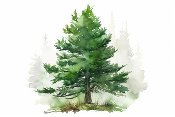 Pine Trees On White Background in Watercolor Style