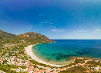 Aerial drone of Foxi Manna beach in Tertenia. Sardinia, Italy
