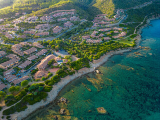 Aerial drone view of Porto Tramatzu beach and the town, Sardinia, Italy