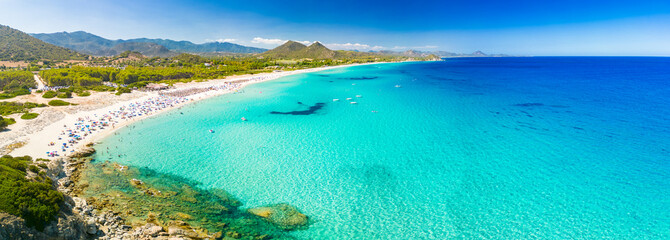 Aerial drone view of Cala Monte Turno and San Pietro Beaches, Sardinia. Italy