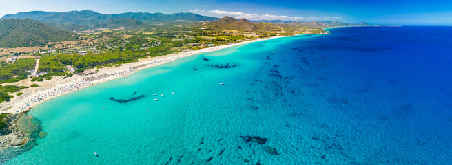 Aerial drone view of Cala Monte Turno and San Pietro Beaches, Sardinia. Italy