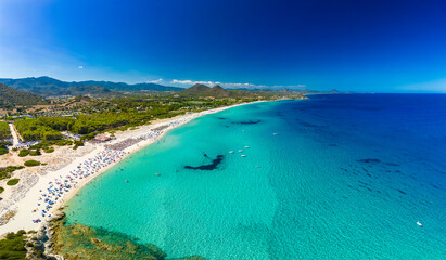 Aerial drone view of Cala Monte Turno and San Pietro Beaches, Sardinia. Italy