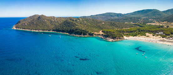 Aerial drone view of Cala Monte Turno and San Pietro Beaches, Sardinia. Italy