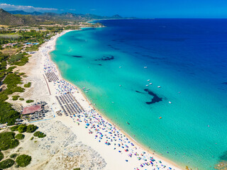 Aerial drone view of Cala Monte Turno and San Pietro Beaches, Sardinia. Italy