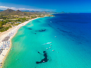 Aerial drone view of Cala Monte Turno and San Pietro Beaches, Sardinia. Italy