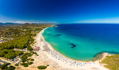 Aerial drone view of Cala Monte Turno and San Pietro Beaches, Sardinia. Italy