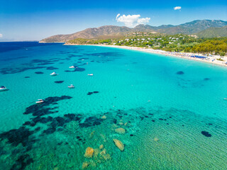 Fototapeta premium Aerial drone view of Kal'e Moru beach in Geremeas, Sardinia
