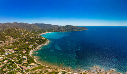Fototapeta na wymiar Aerial drone view of Kal'e Moru beach in Geremeas, Sardinia