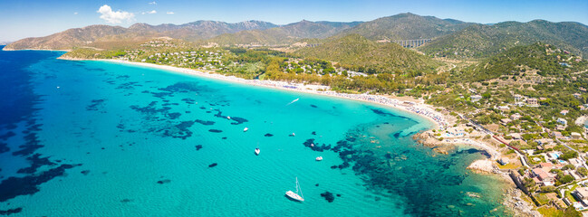Aerial drone view of Kal'e Moru beach in Geremeas, Sardinia - obrazy, fototapety, plakaty