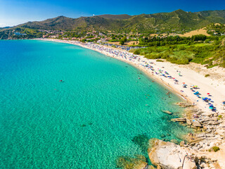 Aerial view of the Solanas beach in the province Sinnai in Sardinia, Italy