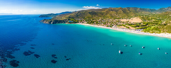 Aerial view of the Solanas beach in the province Sinnai in Sardinia, Italy