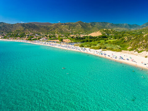 Aerial view of the Solanas beach in the province Sinnai in Sardinia, Italy