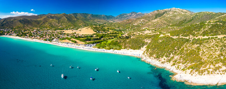 Aerial view of the Solanas beach in the province Sinnai in Sardinia, Italy