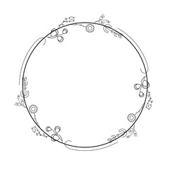 Abstract Black Simple Line Round Circle With Leaf Leaves Frame Flowers Doodle Outline Element Vector Design Style Sketch Isolated Illustration For Wedding And Banner