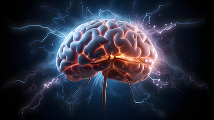 3D Digital Illustration Of A Human Brain With Electrical Activity, Brain Storming , Generated AI