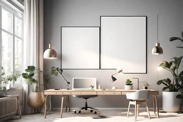 Interior of home office in scandinavian style. Mock-up interior with poster