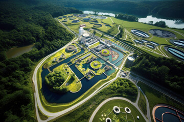 A wastewater treatment plant seen from an aerial perspective, surrounded by lush green trees
