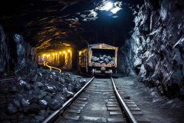 Fototapeta na wymiar Underground mine, mining, rail track trolleys laid through tunnel