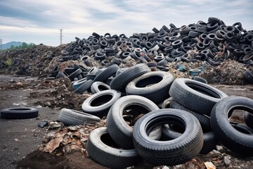 A pile of tires on top of a trash heap at dawn - obrazy, fototapety, plakaty