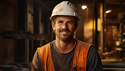 Smiles by a construction worker in a home on a job site - obrazy, fototapety, plakaty