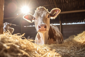 A cow is lying on the hay, a farmer's cowshed, morning bright sunlight. The cow looks directly into the camera