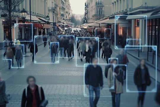 Facial recognition system identifying people on city street. Generative AI