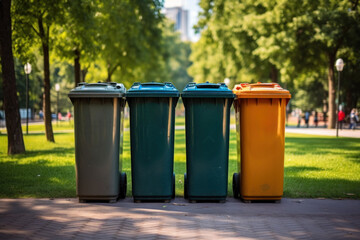 A row of neatly organized trash cans on a city sidewalk, ready for separate disposal
