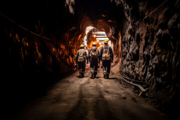 group mining workers walks through tunnel coal mine