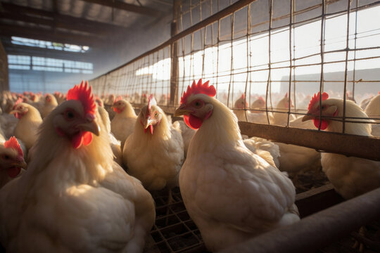 a large poultry farm, a lot of chickens walking around the poultry house